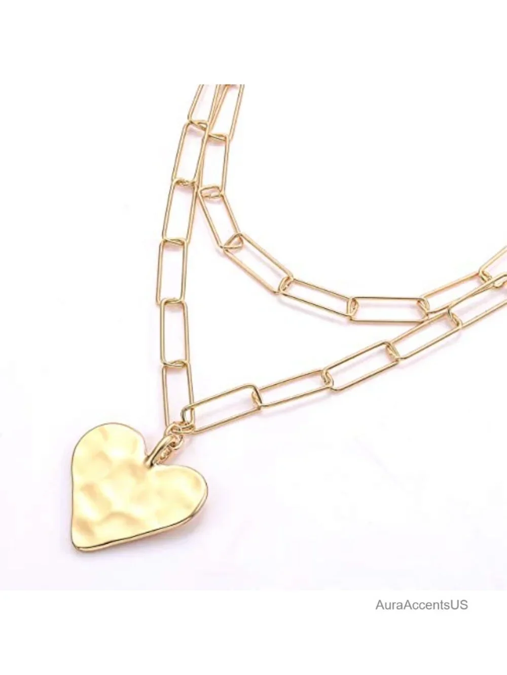 Layered Paper Clip Chain Choker Necklace Hammered Heart Pendant Gold Minimalist